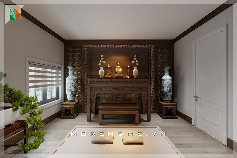 Nội thất từ gỗ óc chó cao cấp được thiết kế dành riêng cho phòng thờ biệt thự, nhà phố với sắc nâu trầm huyền bí.